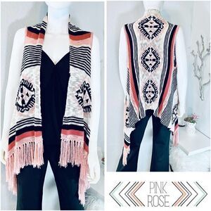 Pink Rose Sleeveless Fringe Cardigan Medium